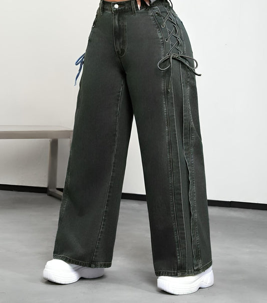 Pantalon Denim Évasé avec Détails Croisés