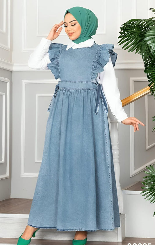 Robe Chasuble Longue en Jean avec Volants – Style Élégant et Modeste