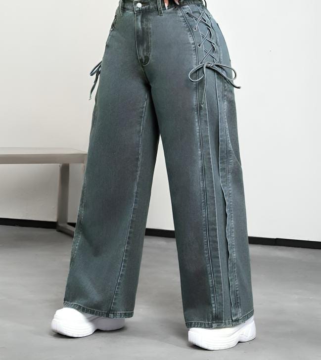 Pantalon Denim Évasé avec Détails Croisés