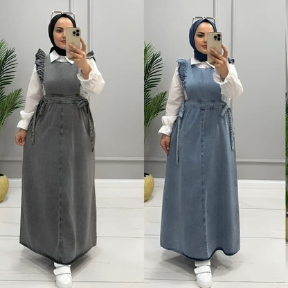 Robe Chasuble Longue en Jean avec Volants – Style Élégant et Modeste