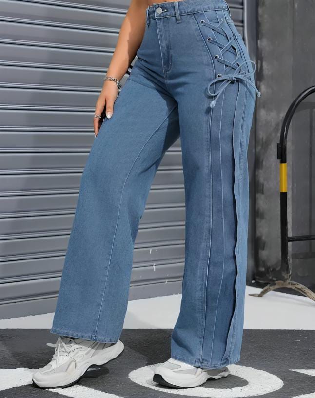 Pantalon Denim Évasé avec Détails Croisés